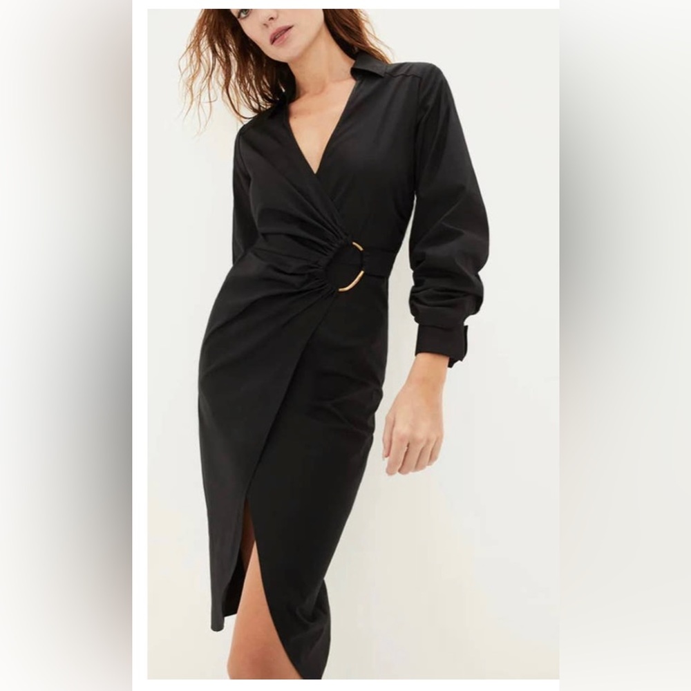 Veronica Beard Afton Black Wrap Collared Midi D Ring Dress